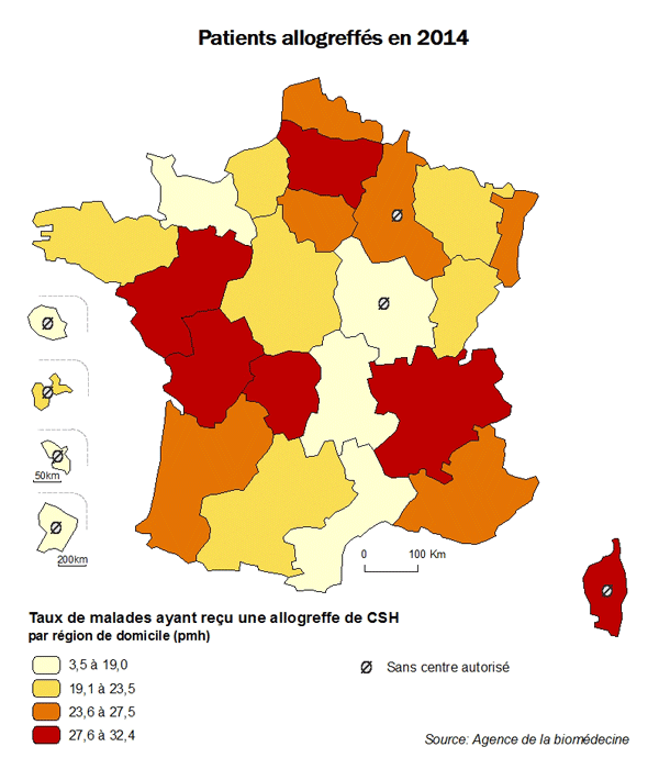 Figure CSHR2. Taux de patients ayant reçu une allogreffe de CSH en 2014, par région de domicile